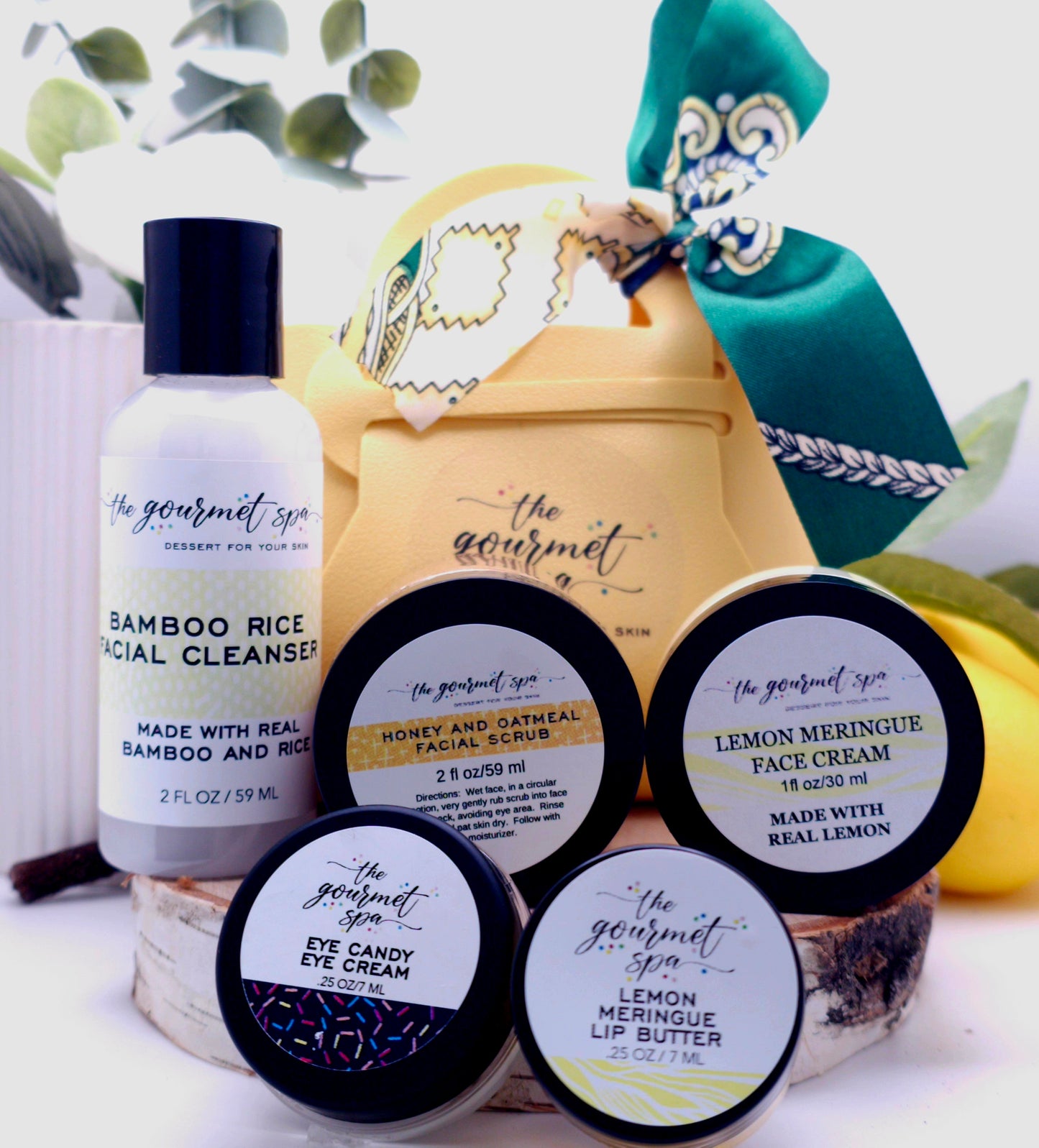 Five products include travel sizes in our Bamboo Rice Facial Cleanser, Honey and Oatmeal Facial Scrub, Lemon Meringue Face Cream, Eye Candy Eye Cream, and our Lemon Meringue Lip Butter.